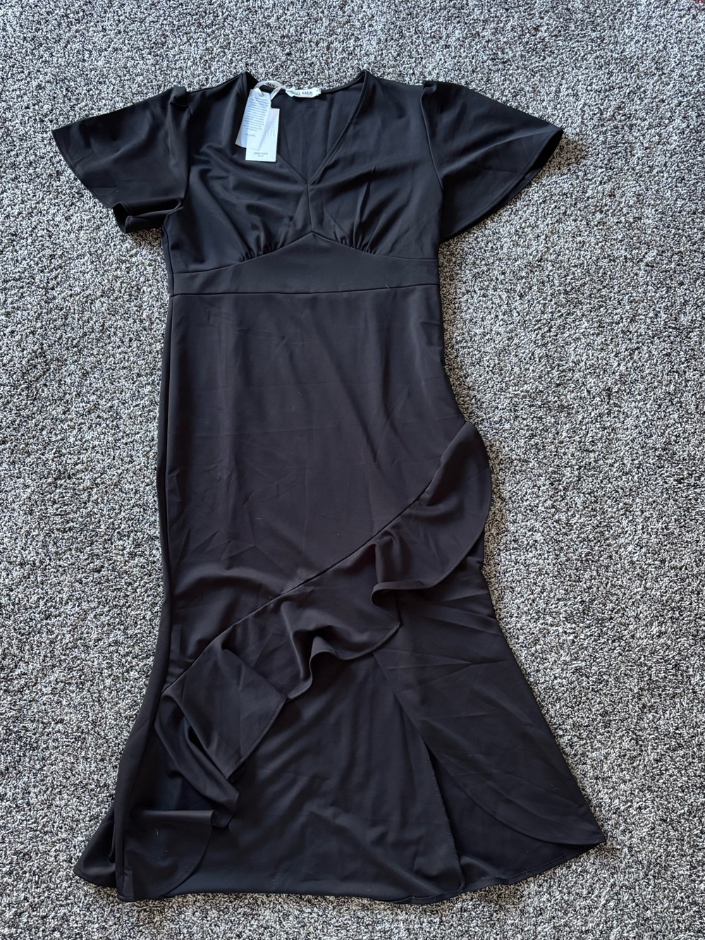 Grace Karin Black Ruffle-Trim Midi Dress